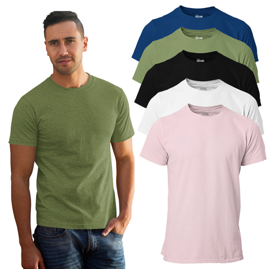 Men's 100% Cotton Premium Round Neck Tshirts - 5 Pack - Black/White/Navy/Military Green/Chalk Pink