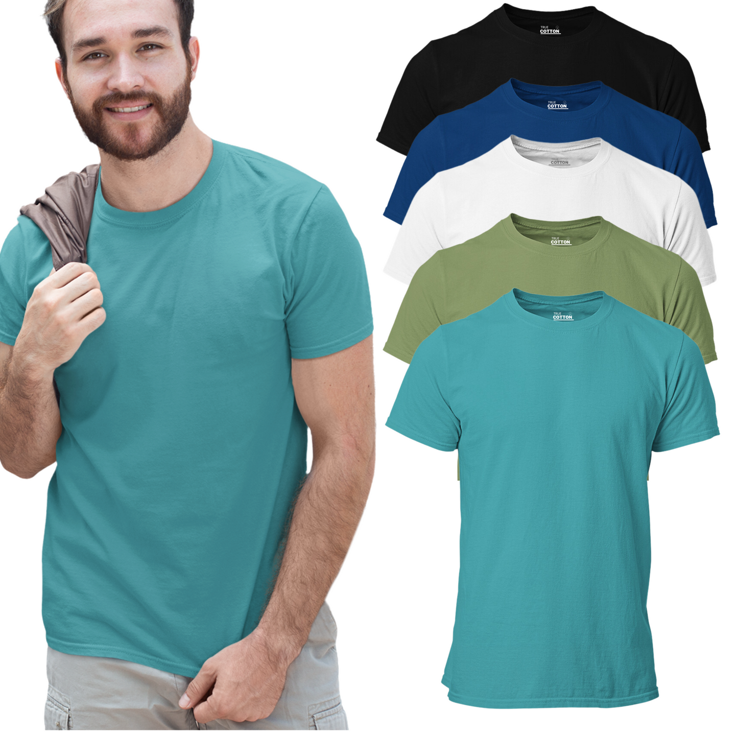 Men's 100% Cotton Premium Round Neck Tshirts - 5 Pack - Black/White/Navy/Military Green/Pine Green