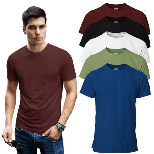 Men's 100% Cotton Premium Round Neck Tshirts - 5 Pack - Black/White/Navy/Military Green/Maroon