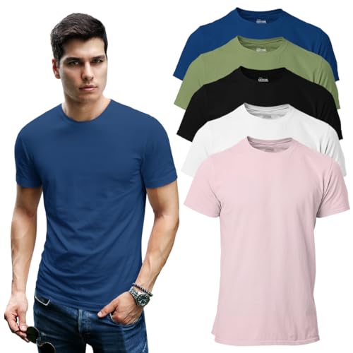 TRUE COTTON Tees Men's T-Shirts - Premium Set of 5 Colors - Modern Cut with Invisible Stitching & Crew Neck - 5 Pack